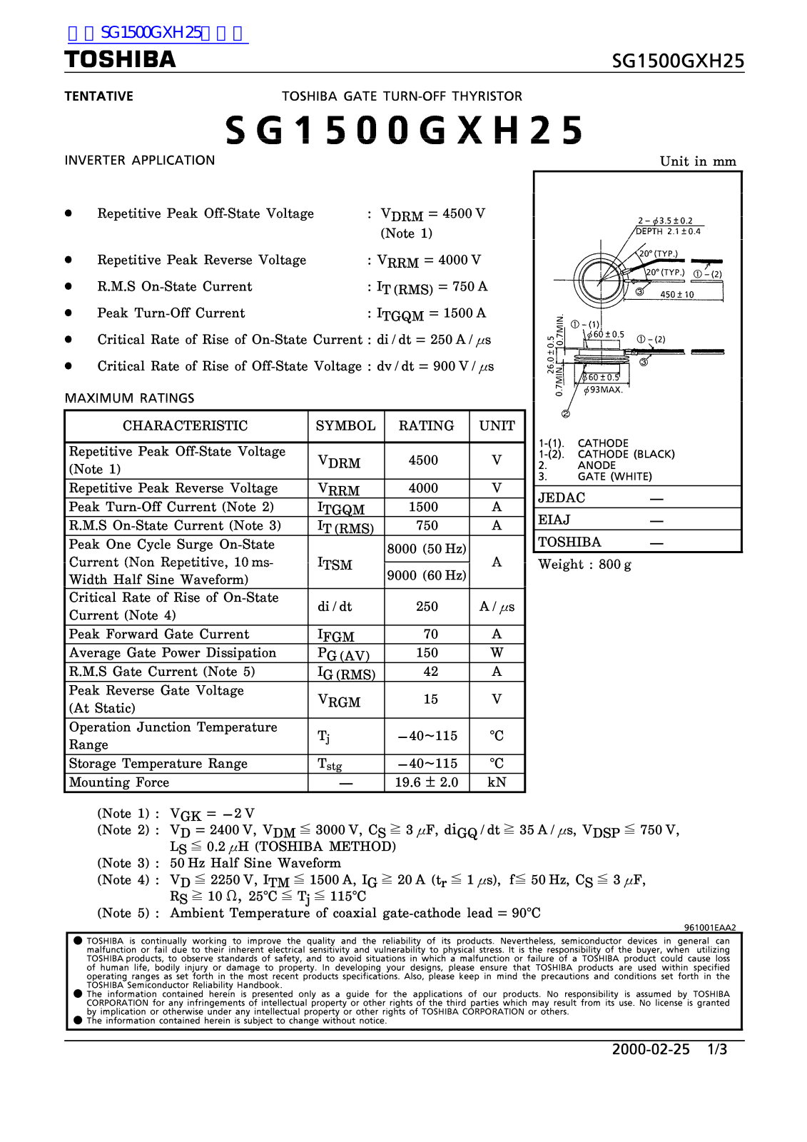 TOSHIBA SG1500GXH25 Technical data