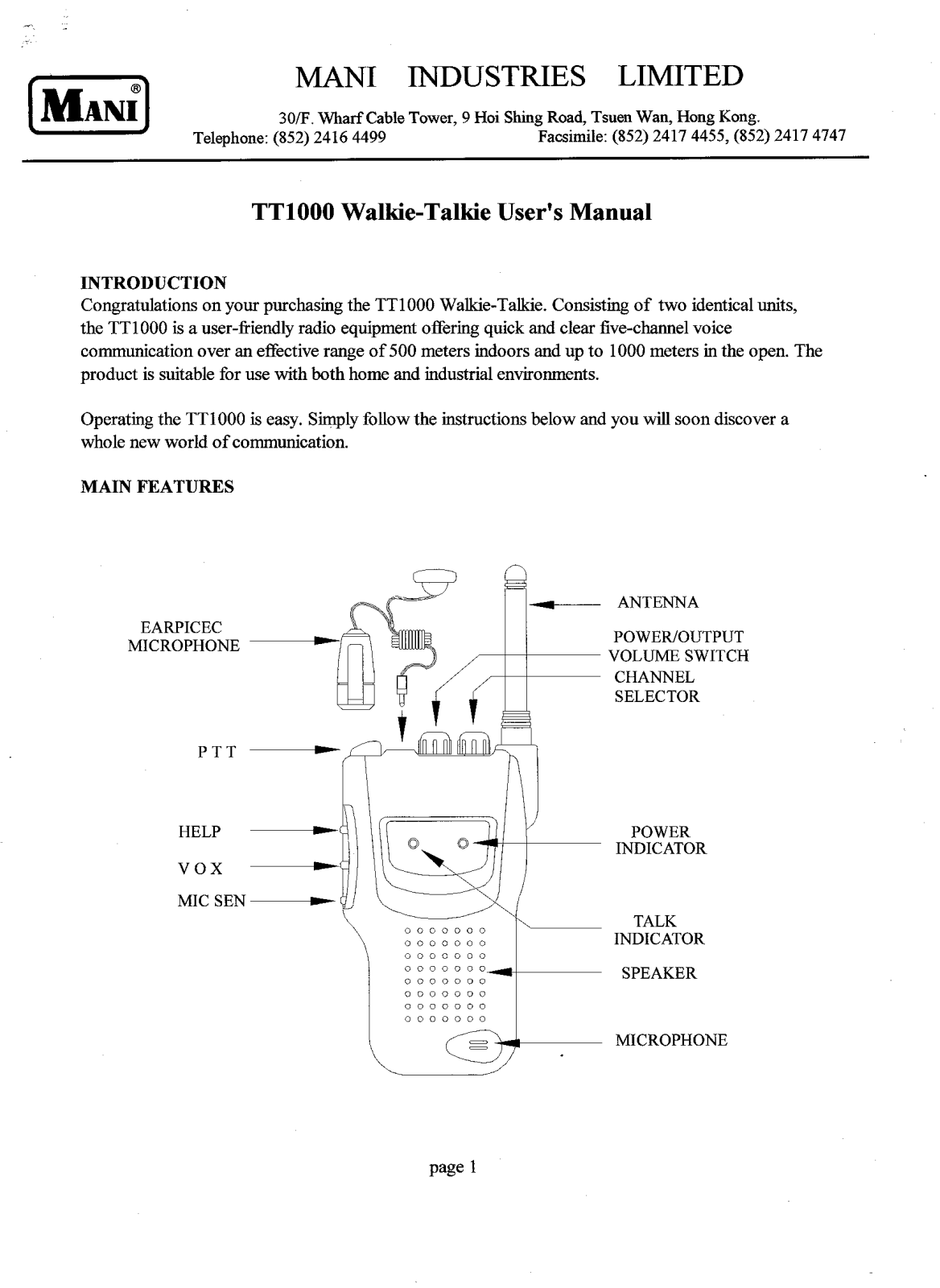 Mani TT1000 User Manual