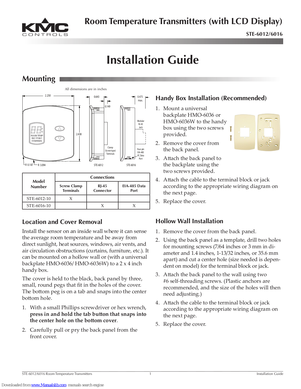 KMC Controls STE-6012-10, STE-6016-10, STE-6014-10, STE-6017-10, STE-6018-10 Installation Manual