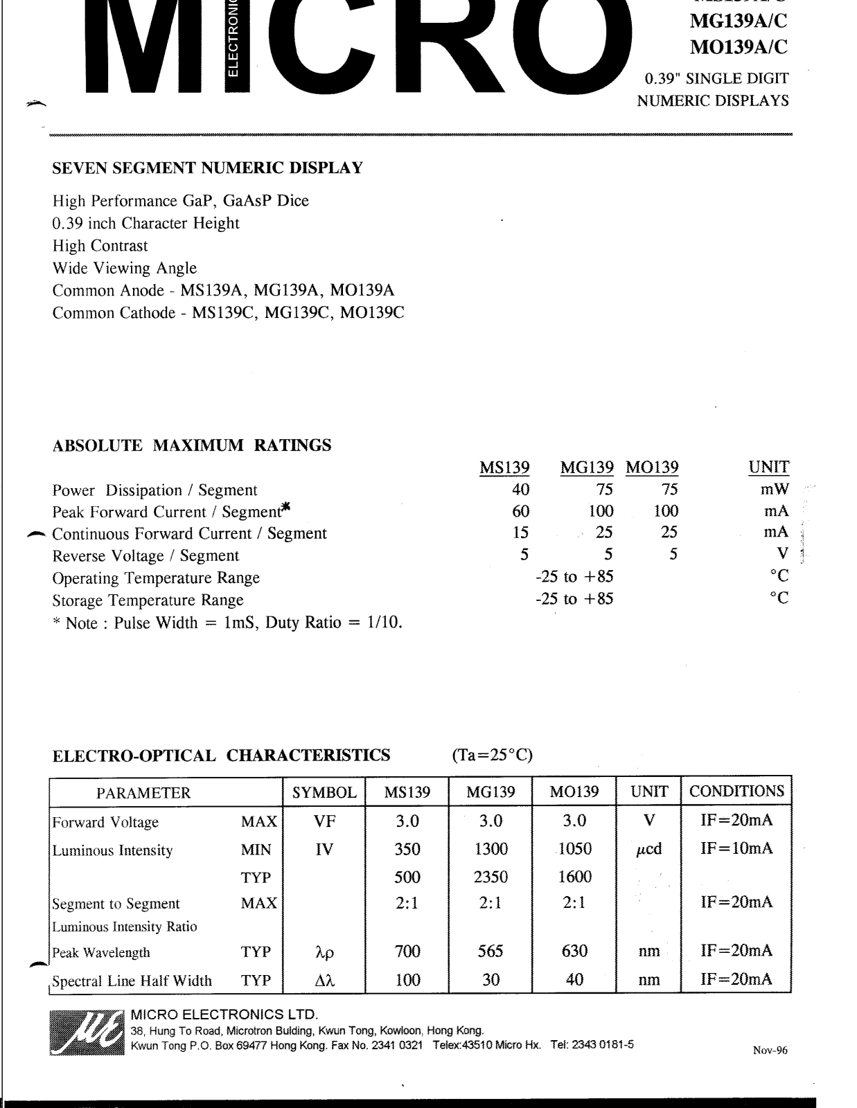 MICRO MS139A, MS139C, MO139A, MO139C, MG139C Datasheet