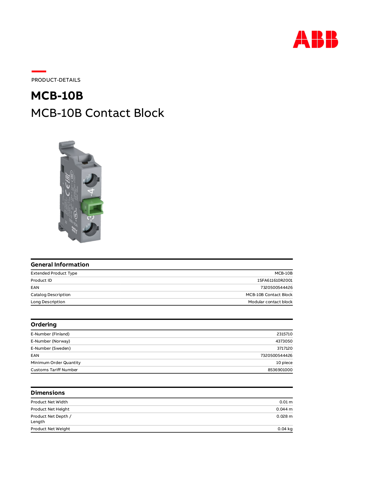 ABB MCB-10B Data Sheet