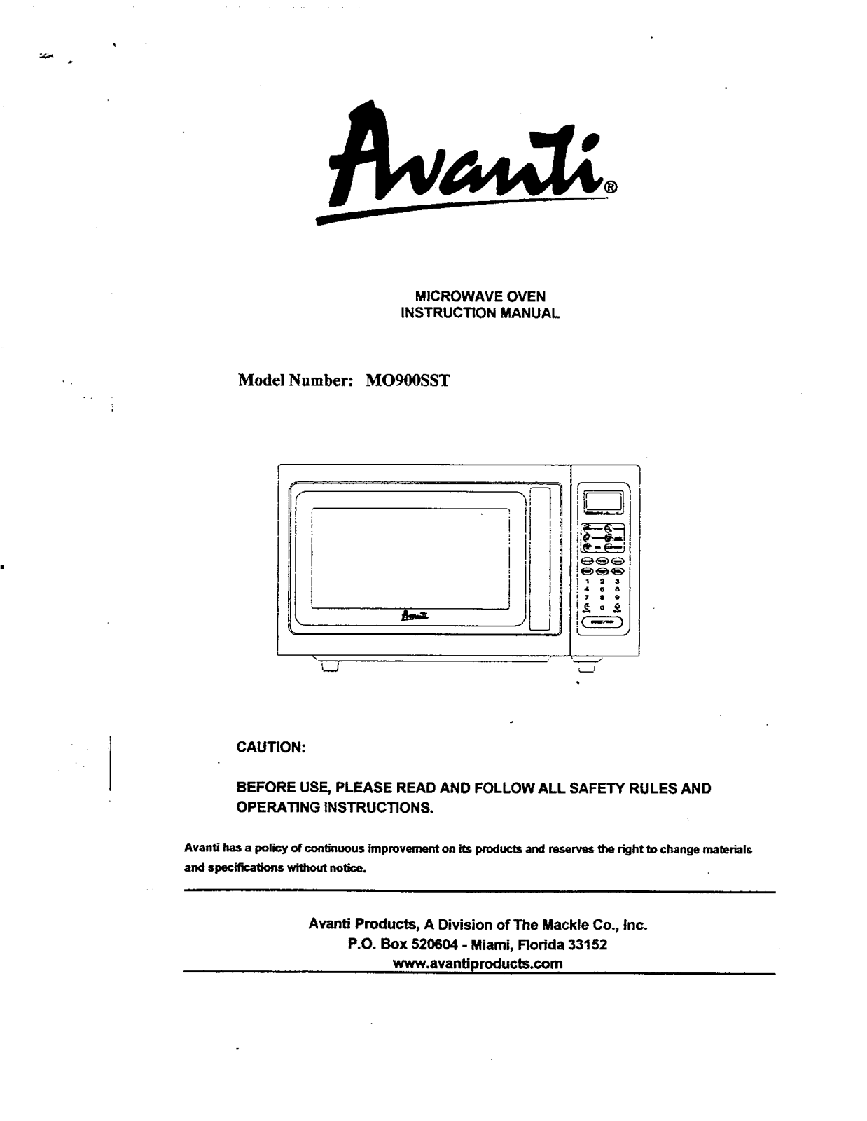 Avanti MO900SST User Manual