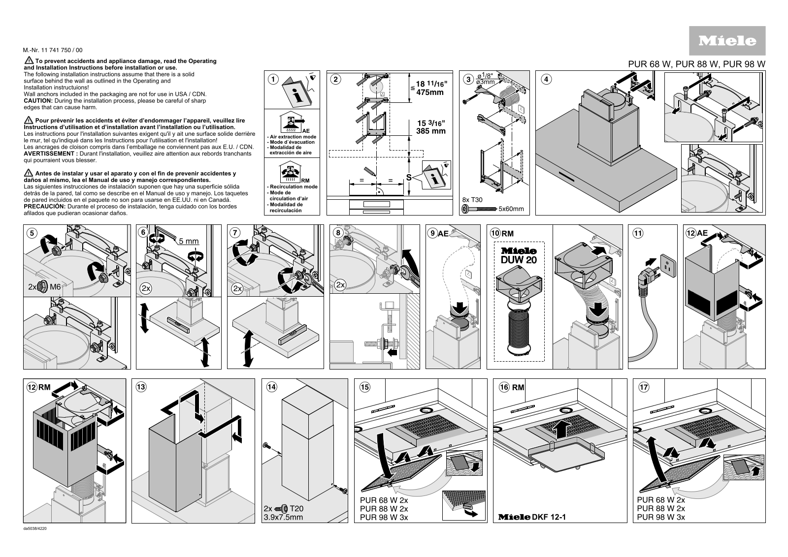 Miele PUR 68 W, PUR 88 W, PUR 98 W Assembly plan