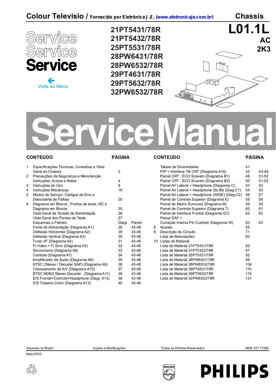 PHILIPS 21PT5431-78R, 21PT5432-78R, 25PT5531-78R, 28PW6431-78R, 28PW6532-78R Service Manual