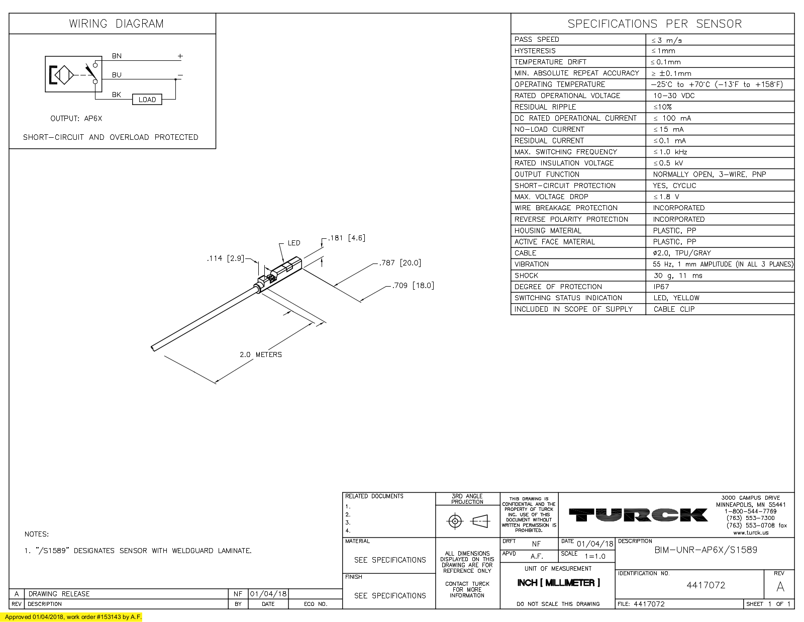 Turck BIM-UNR-AP6X/S1589 Data Sheet