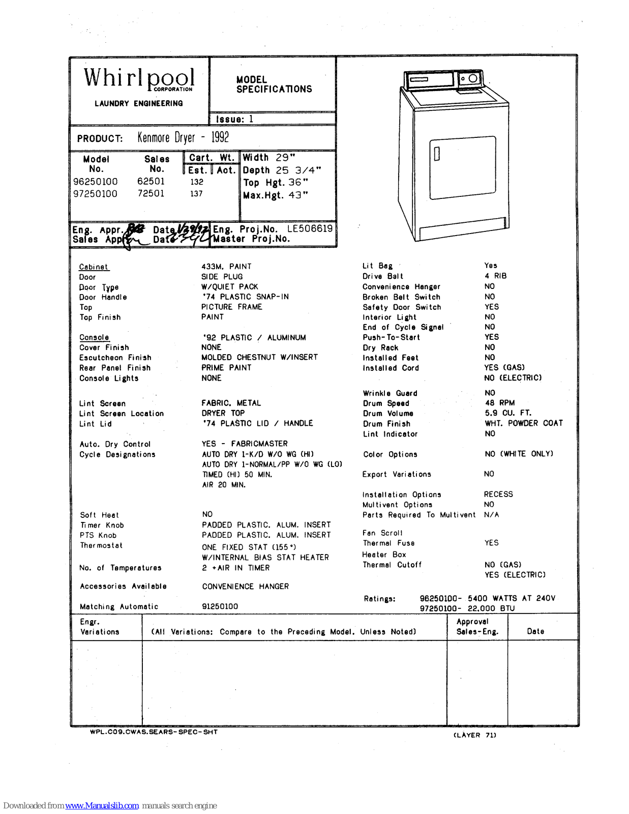 Kenmore 1992 96250100, 96250100, 97250100 Model Specifications - ManualMachine.com