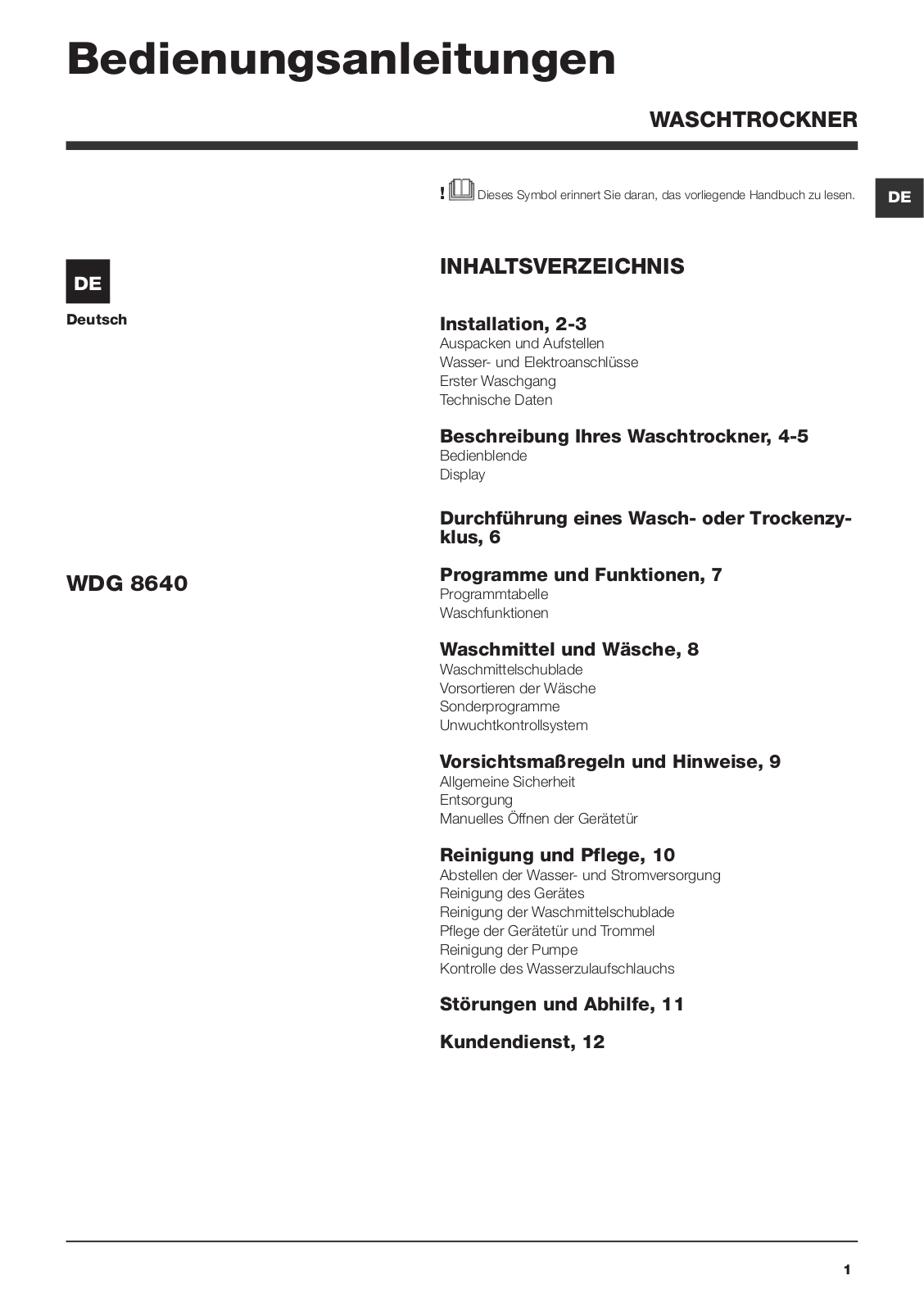 HOTPOINT/ARISTON WDG 8640B EU User Manual