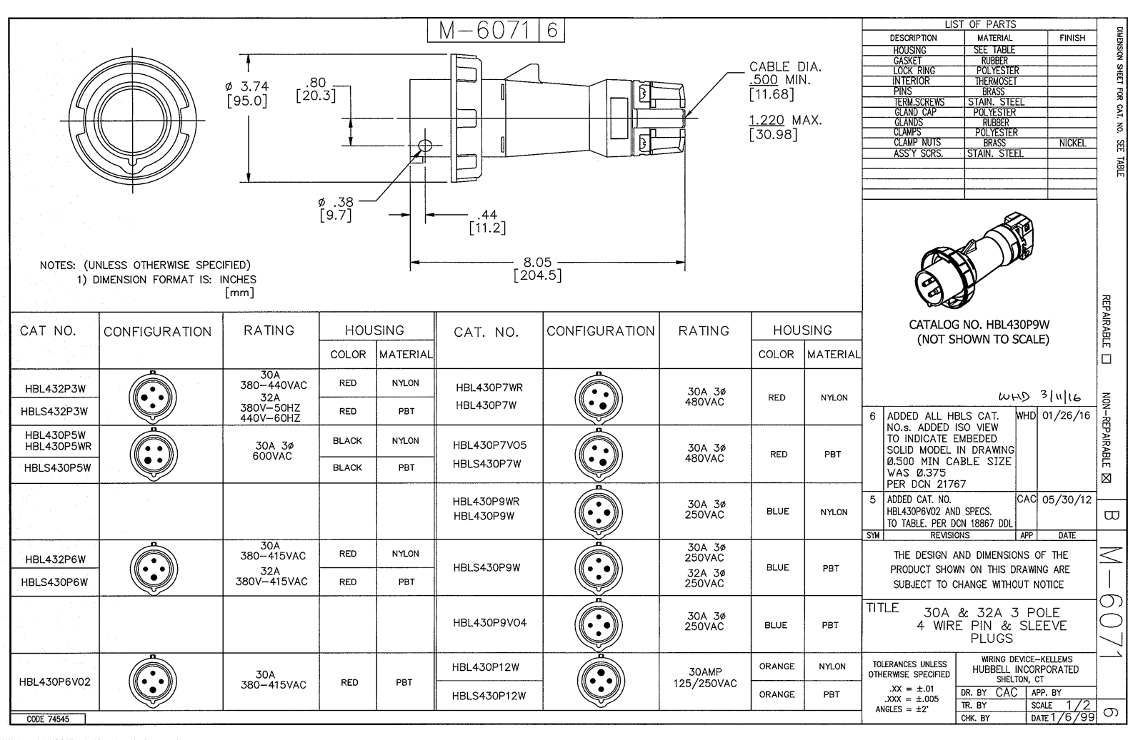 Hubbell HBL430P9W Reference Drawing