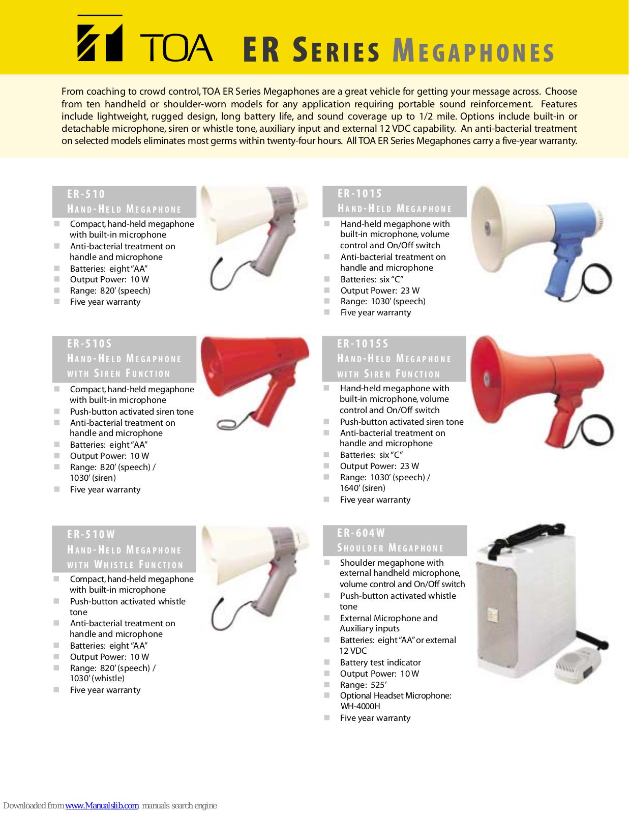 Toa ER-1015, ER-1015S, ER-2015, ER-2015W, ER-510 Specifications