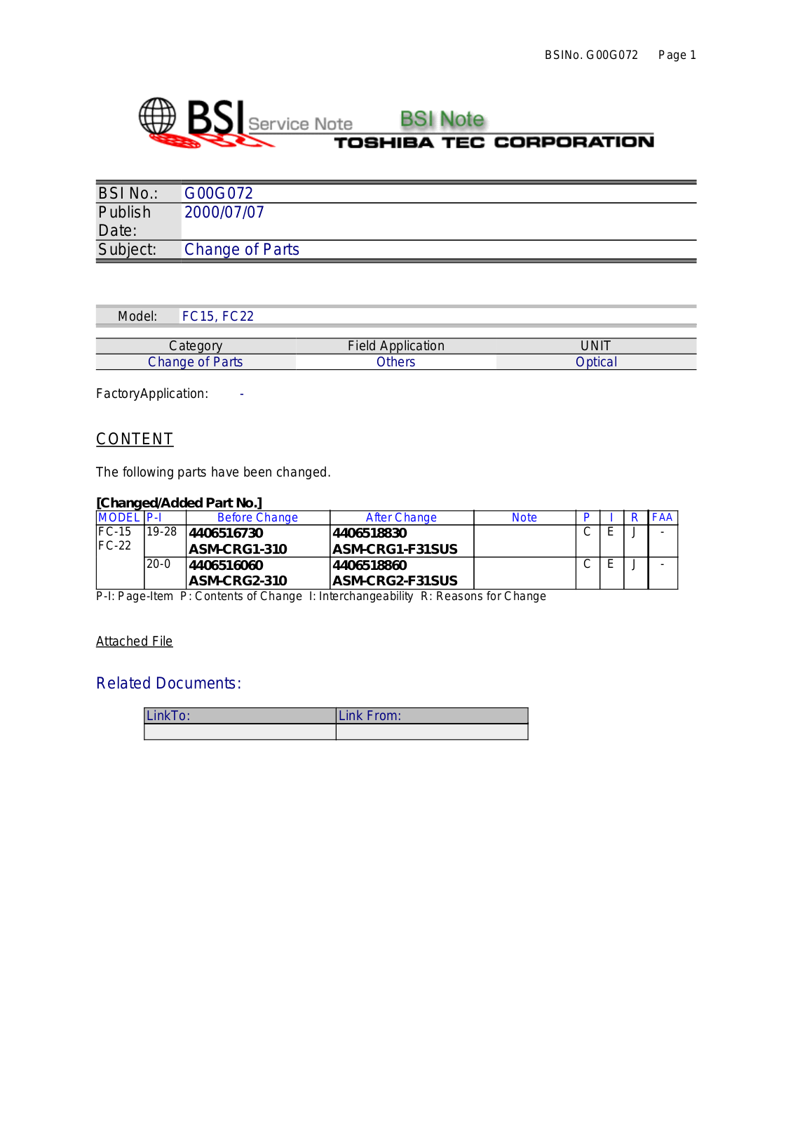 Toshiba G00G072 Service Note