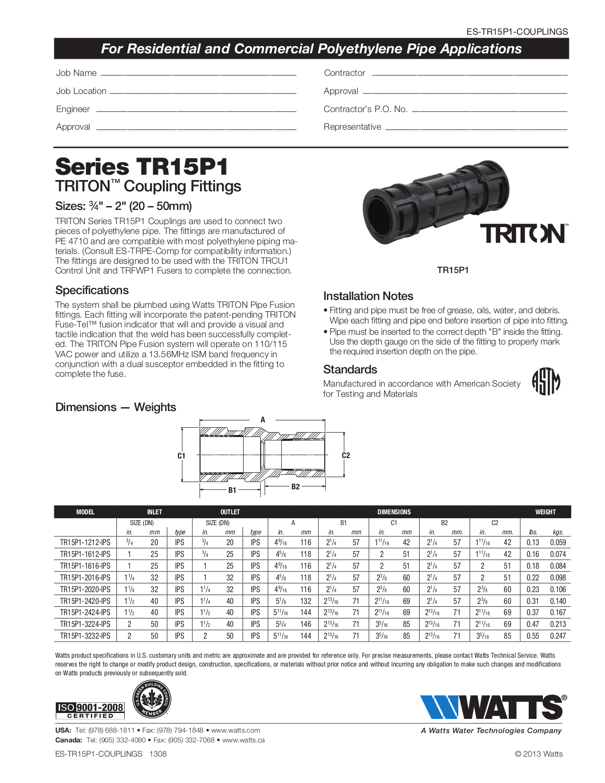 Watts TR15P1 User Manual