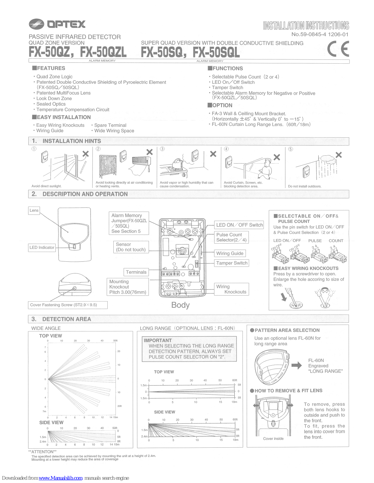 Optex FX-50QZ, FX-50QZL, FX-50SQ, FX-50SQL Installation Instructions Manual