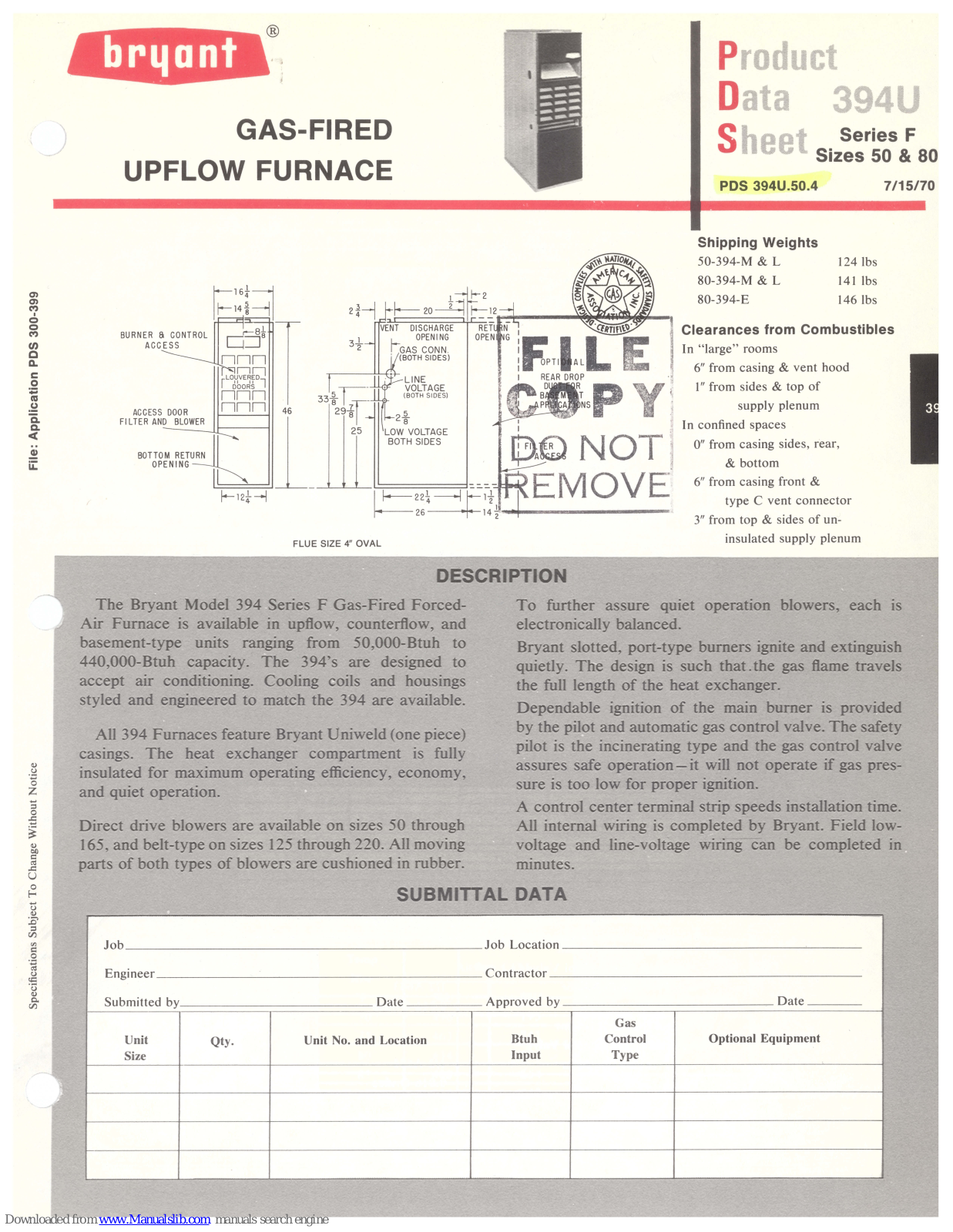 Bryant GAS-FIRED UPFLOW FURNACE 394U Product Data Sheet