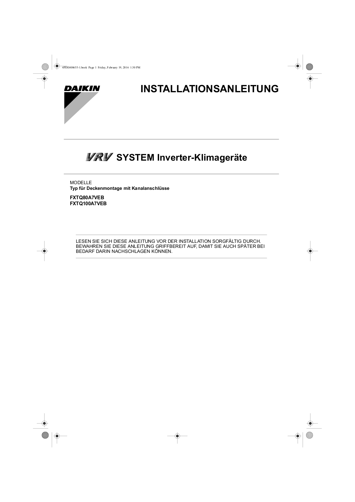 Daikin FXTQ80A7VEB, FXTQ100A7VEB Installation manuals