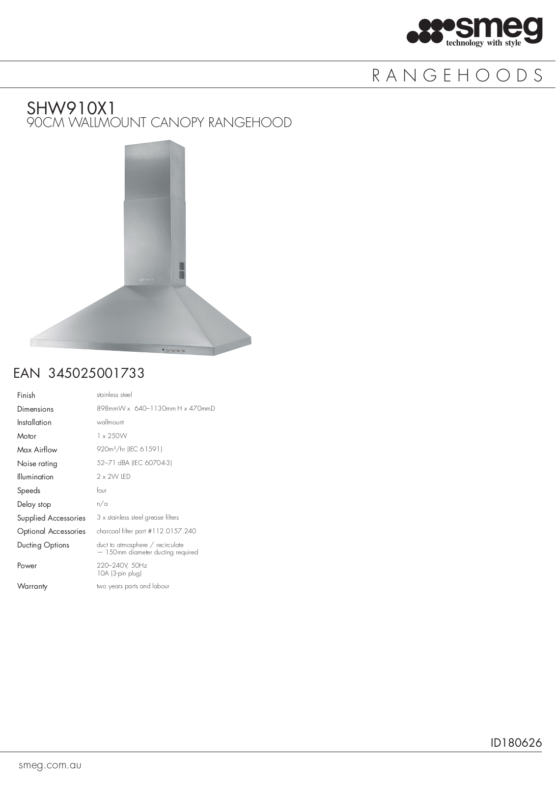 Smeg SHW910X1, SMEGSTARTERPACK3 Specifications Sheet