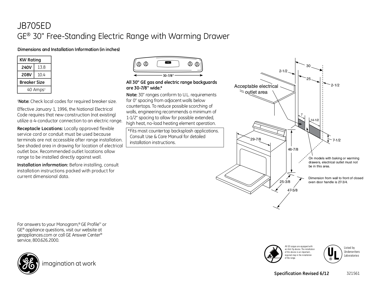 GE JB705ED Specification