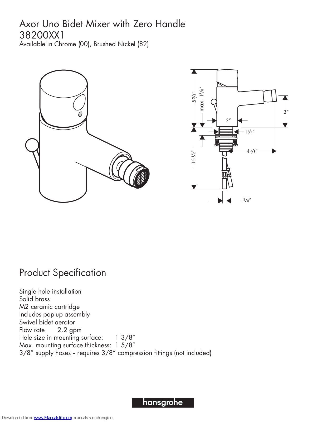 Hansgrohe 38200001, 38200821 Specification Sheet