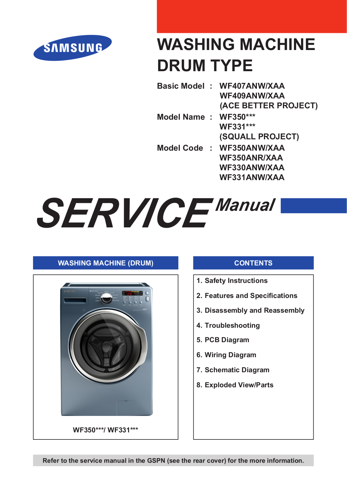 Samsung WF350ANW/XAA, WF350ANR/XAA, WF330ANW/XAA, WF331ANW/XAA Service Manual