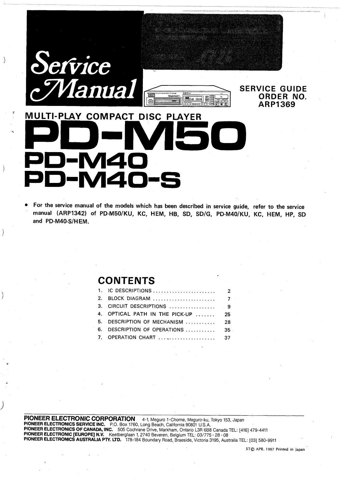 Pioneer PD-M50, PD-M40, PD-M40-S Service manual