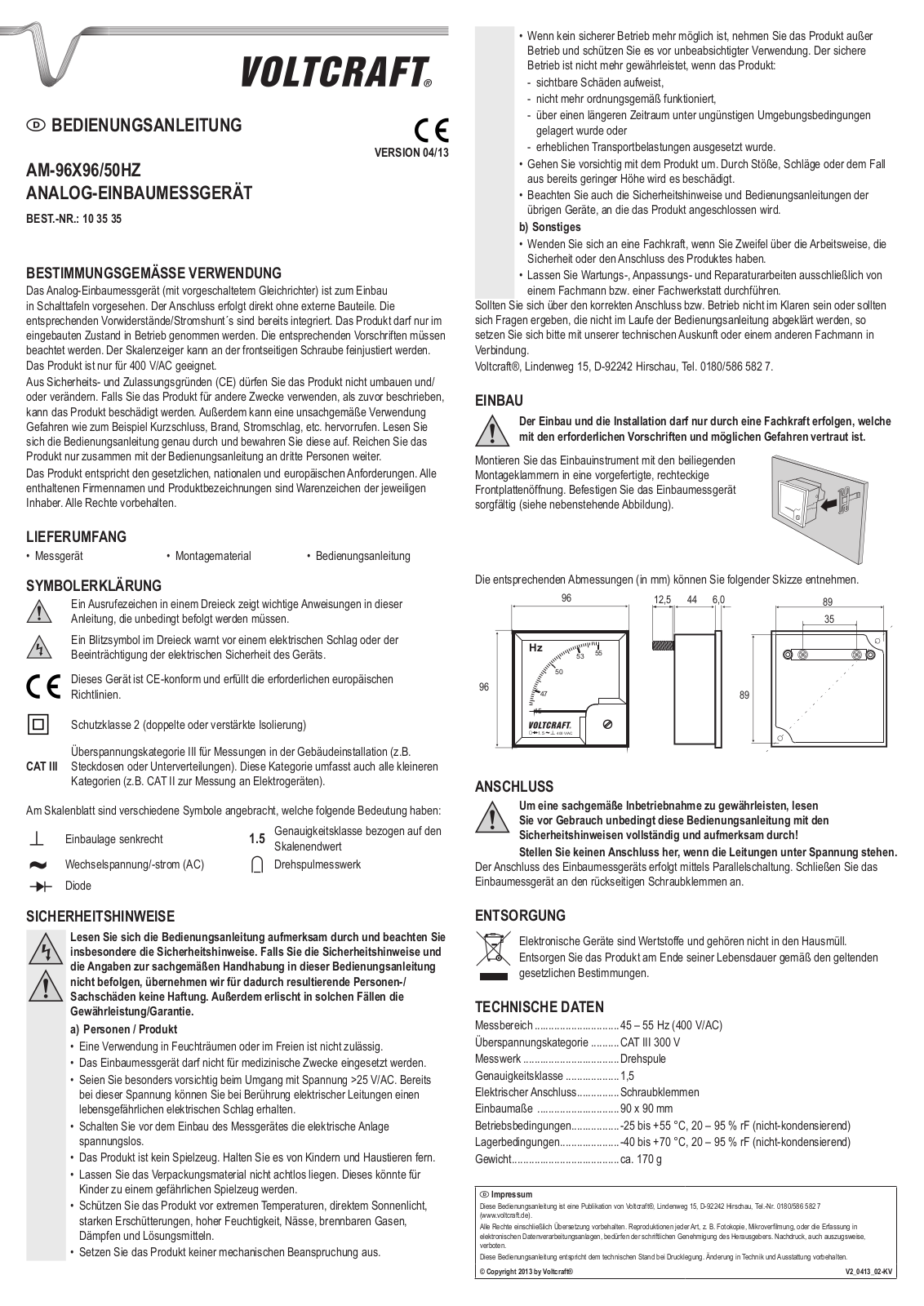 VOLTCRAFT AM-96X96/50HZ User guide