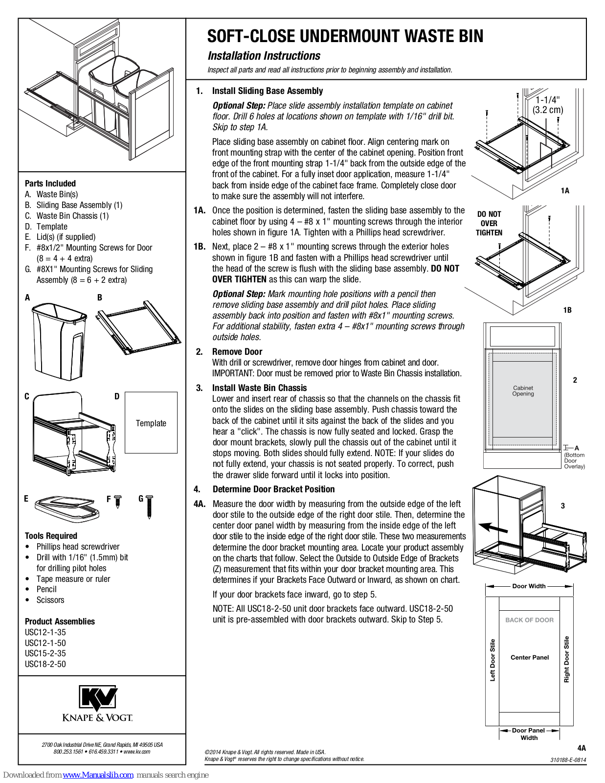 Knape & Vogt USC12-1-35, USC18-2-50, USC12-1-50, USC15-2-35 Installation Instructions Manual