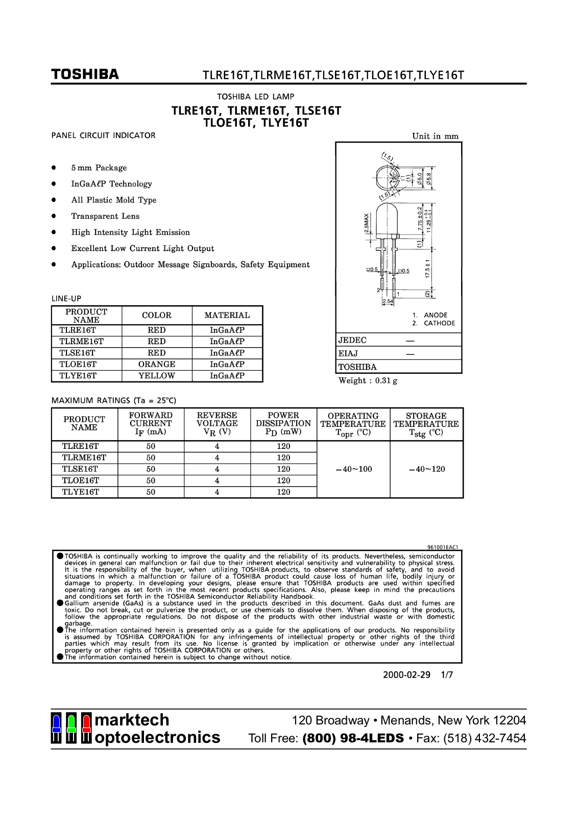 Marktech TLYE16T, TLSE16T, TLRME16T, TLRE16T, TLOE16T Datasheet