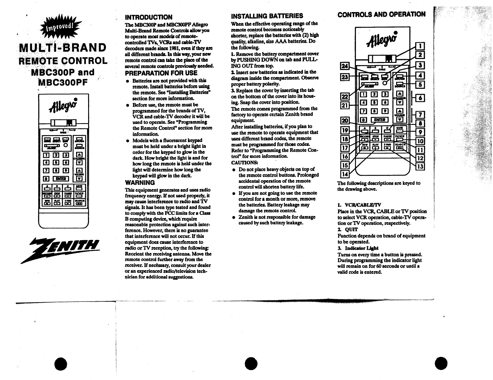 Zenith MBC300PF, MBC300P OPERATING GUIDE