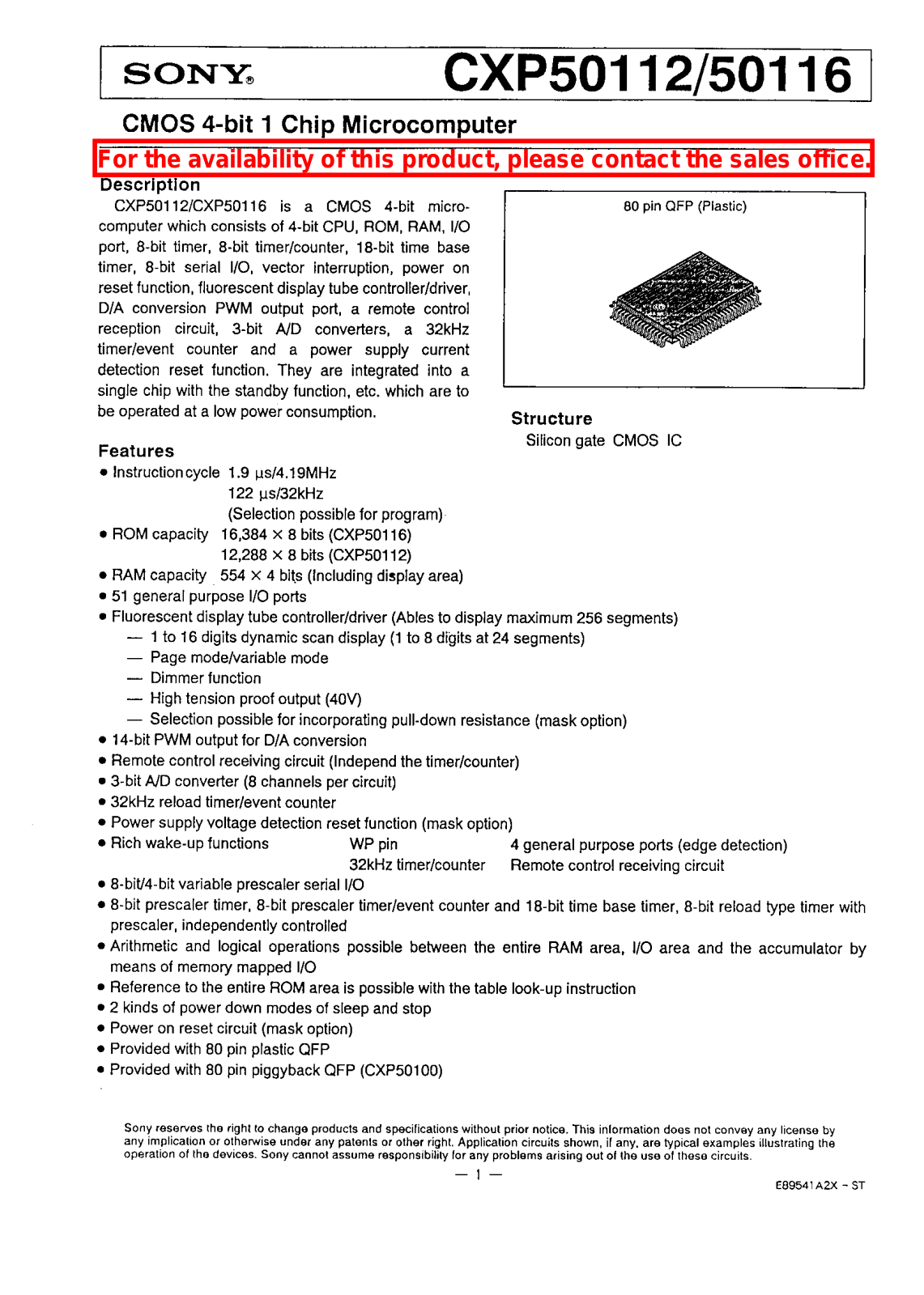 Sony CXP50116, CXP50112 Datasheet