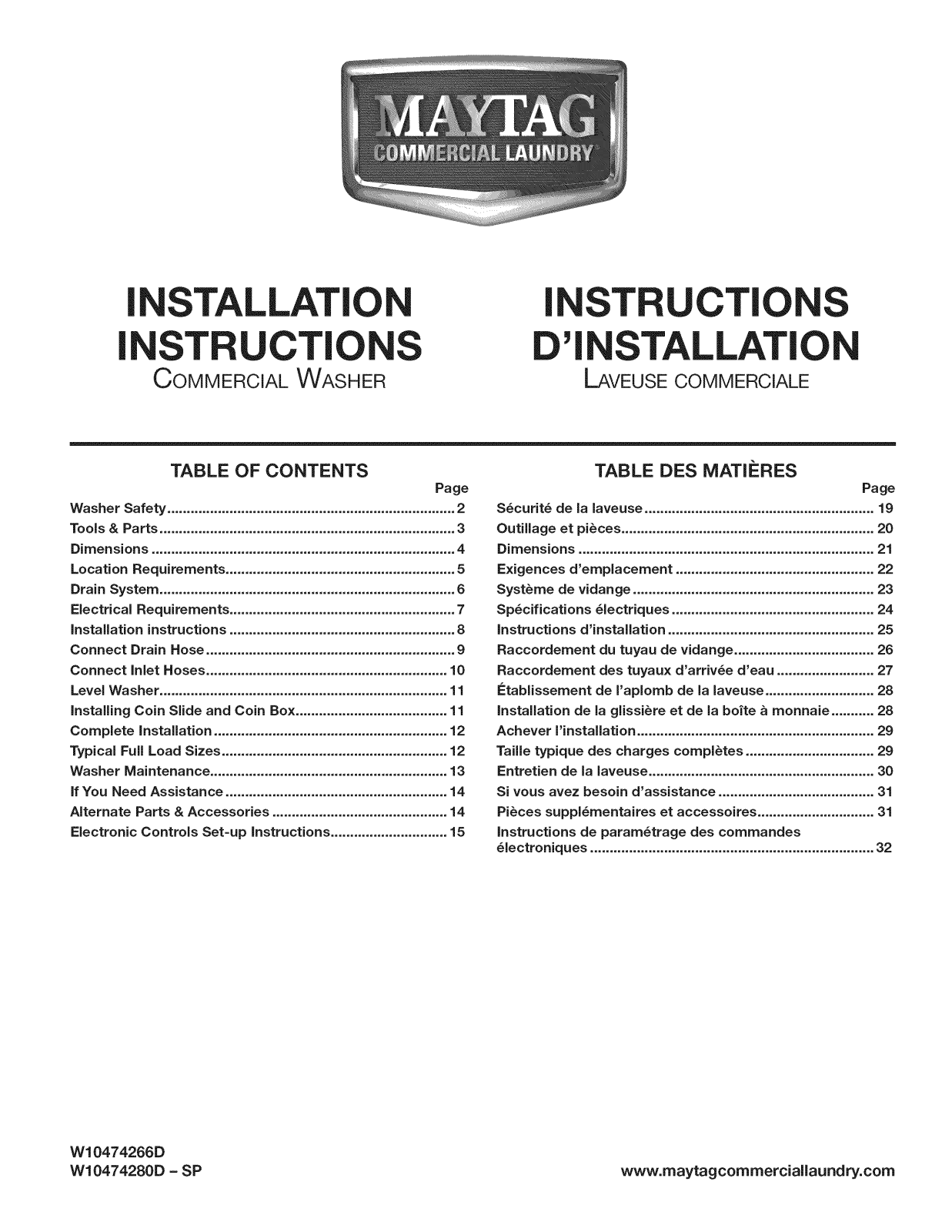 Maytag MVW18PRBWW0, MVW18PDBWW0, MVW18PDBXW0, MVW18PRAWW0, MVW18PDAXW0 Installation Guide