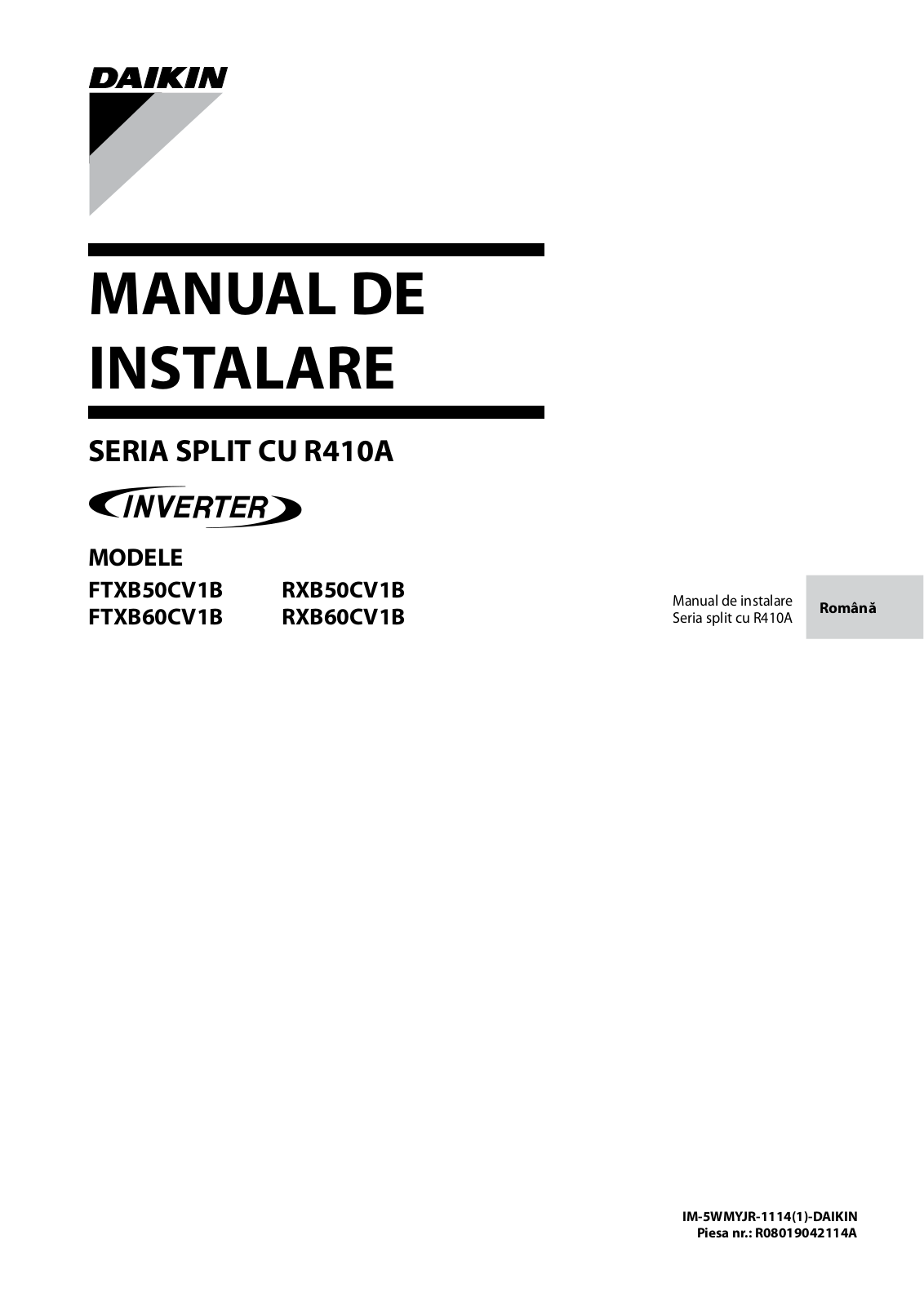 Daikin FTXB50CV1B, RXB50CV1B, FTXB60CV1B, RXB60CV1B Installation manuals