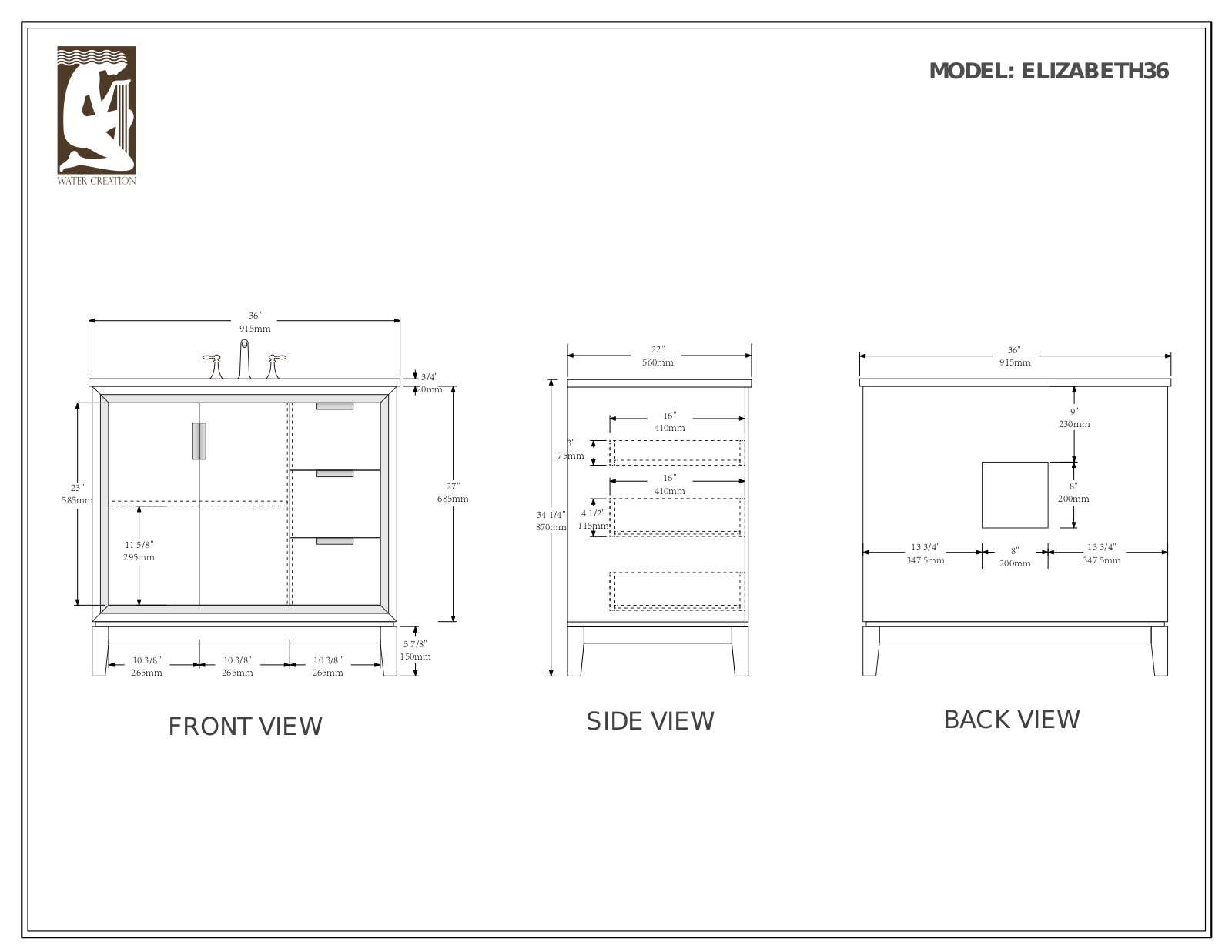 Water Creation VEL036CWCG01, VEL036CWCG12, VEL036CWCG23, VEL036CWCG08, VEL036CWMB33 Specifications