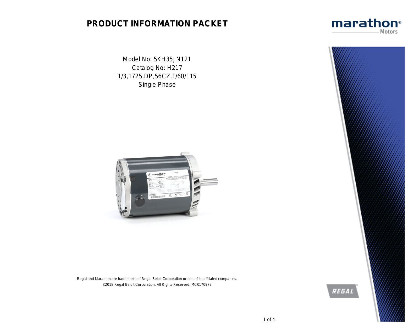 Marathon Electric 5KH35JN121 Product Information Packet