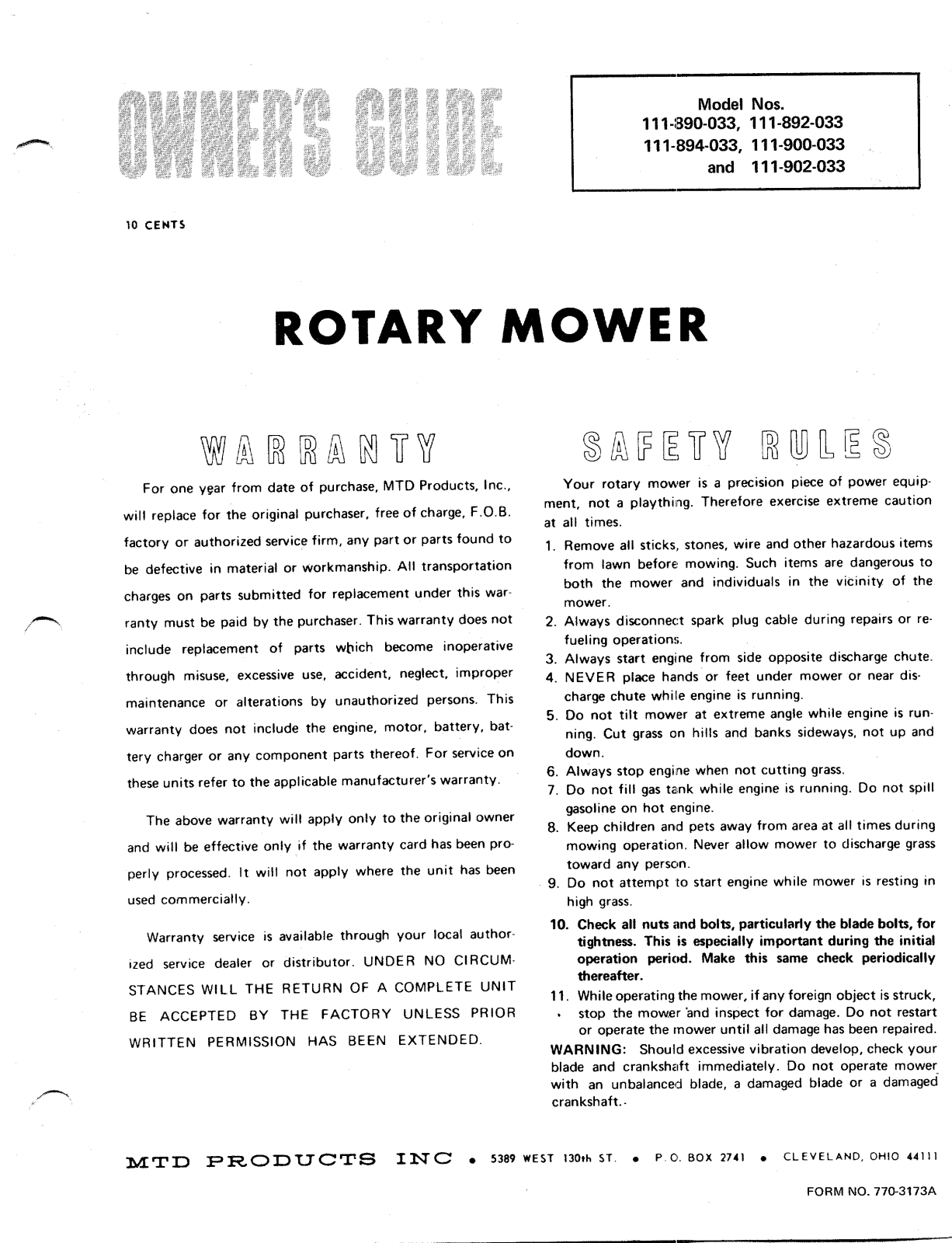 MTD 110-902-033, 110-892-033, 110-890-033, 110-894-033 User Manual