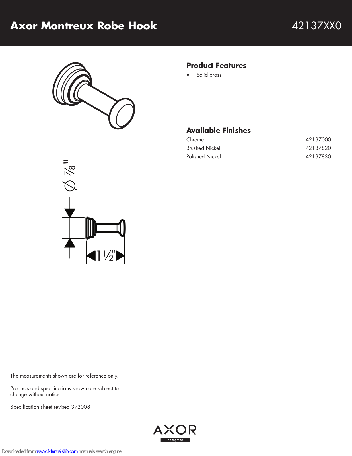 Axor 42137000, 42137820, 42137830 Specification Sheet