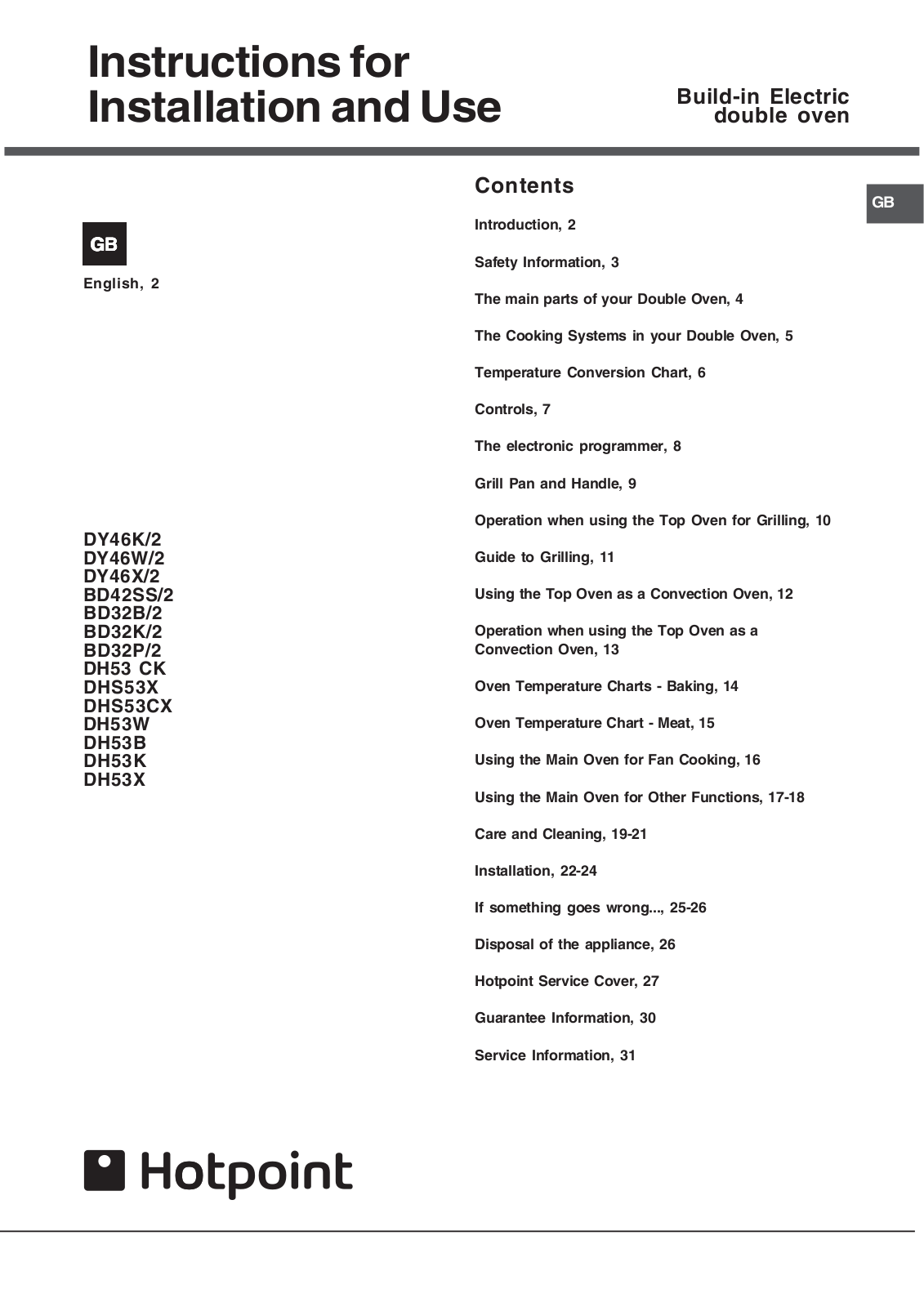 Hotpoint DH53 CK, DHS53CX, DH53W, DH53B, DH53K Instruction booklet