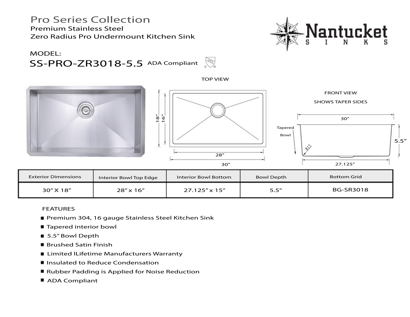 Nantucket SSPROZR301855 Specifications