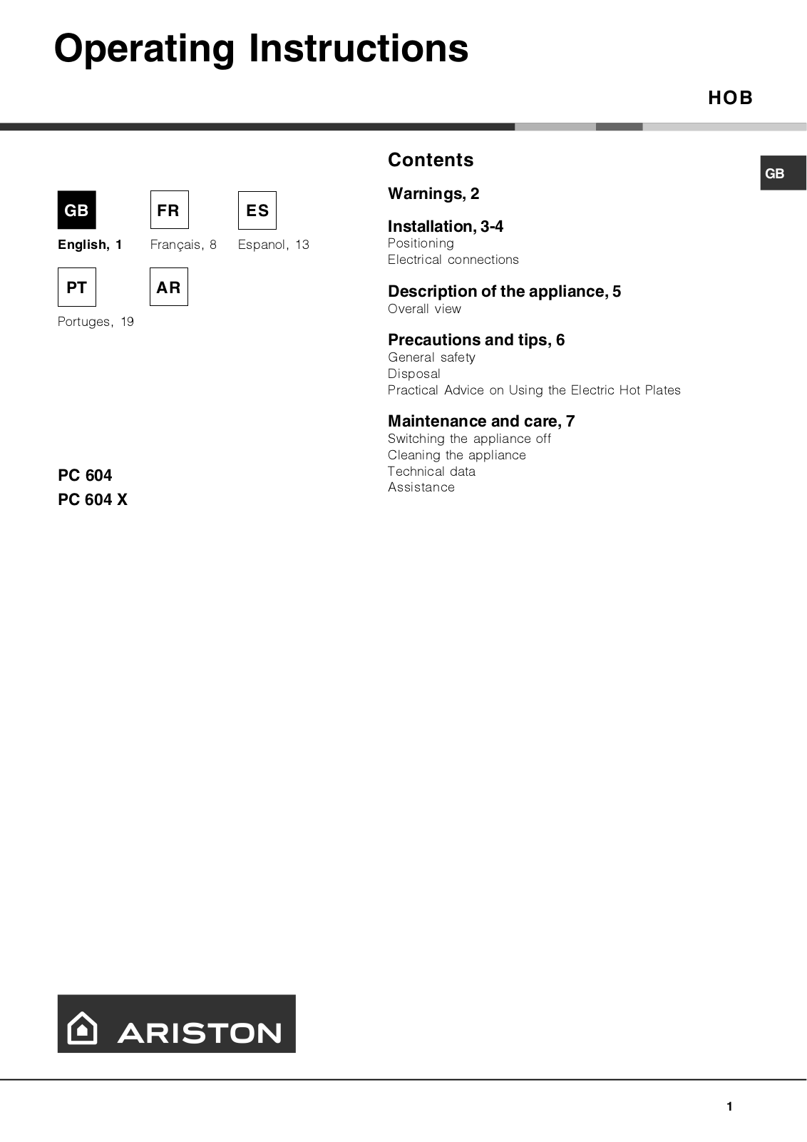 Hotpoint PC 604 X User Manual