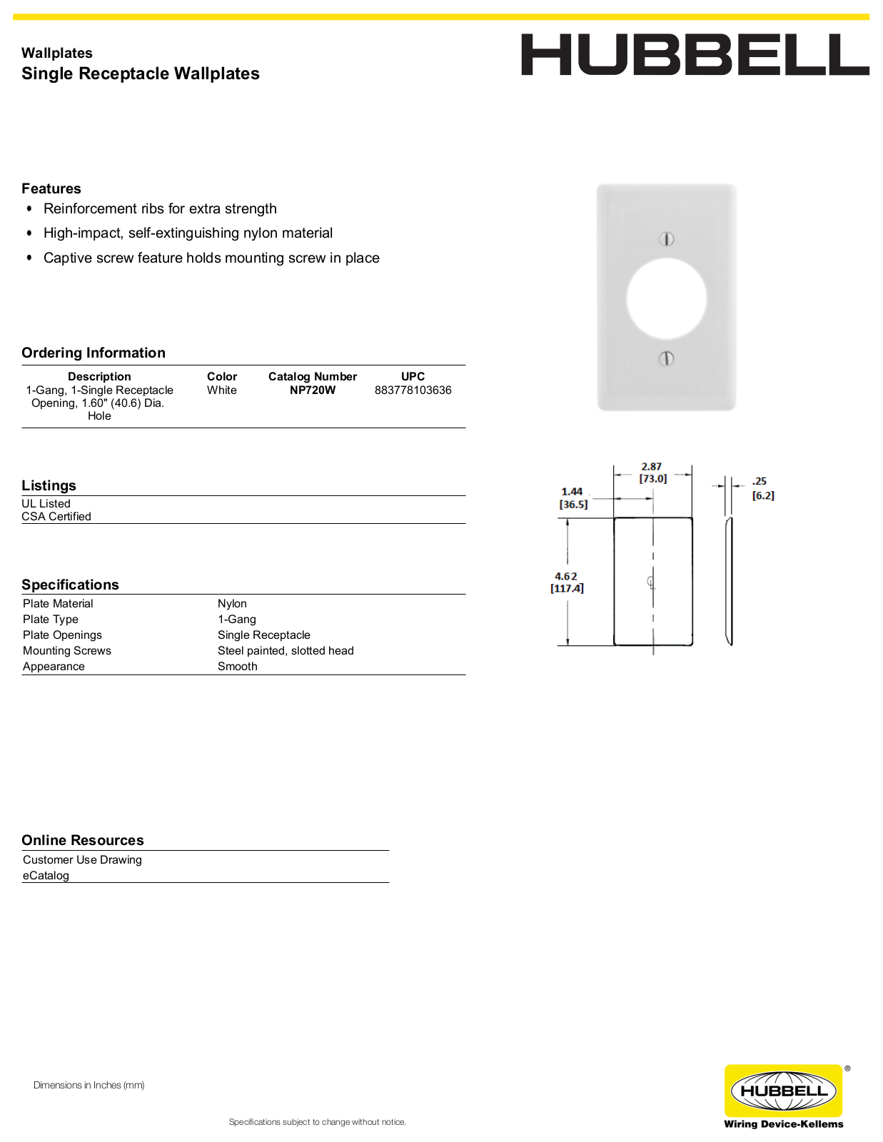 Hubbell NP720W Specifications