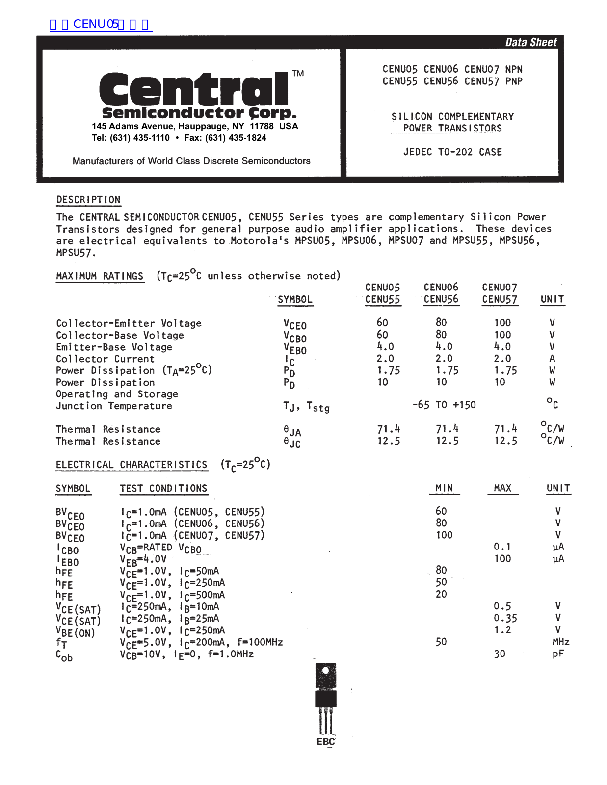 Central CENU05 Service Manual