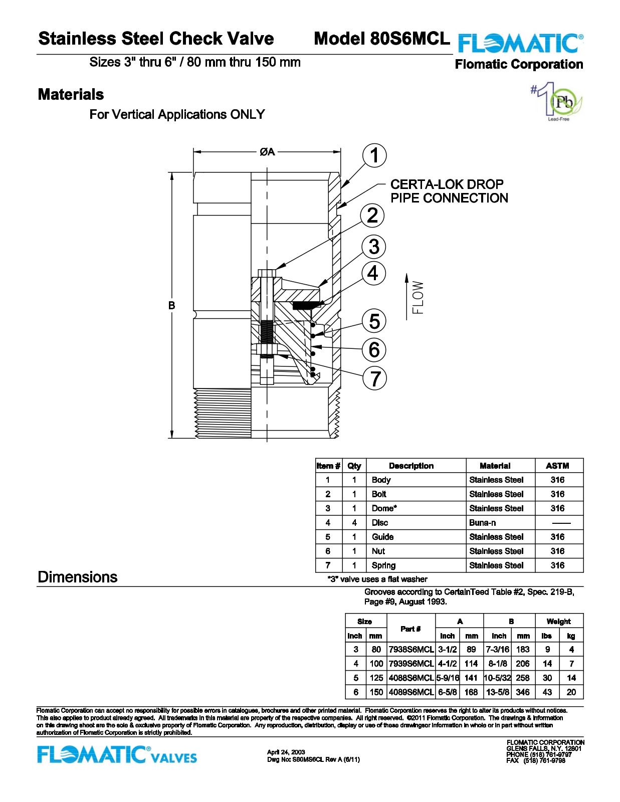 Flomatic 80S6MCL Parts List