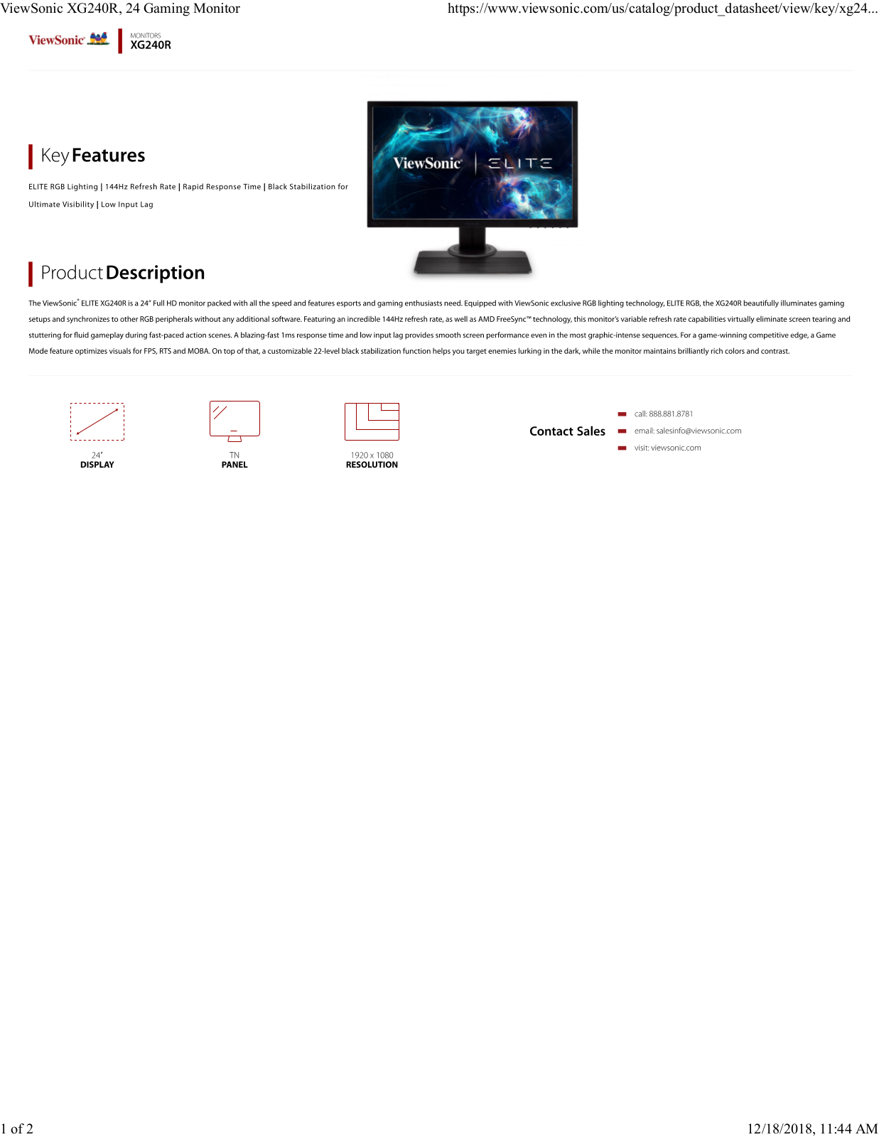 Viewsonic XG240R Product Data Sheet