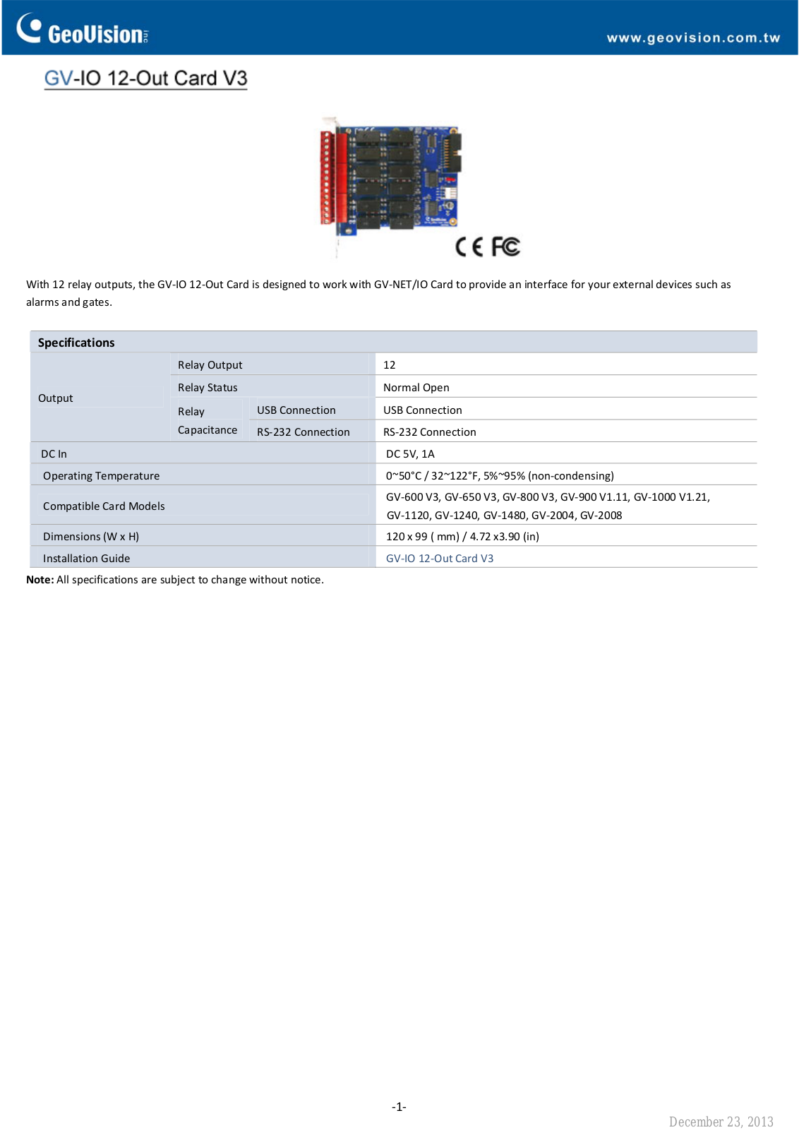 Geovision GV‐IO 12‐Out Card Specsheet