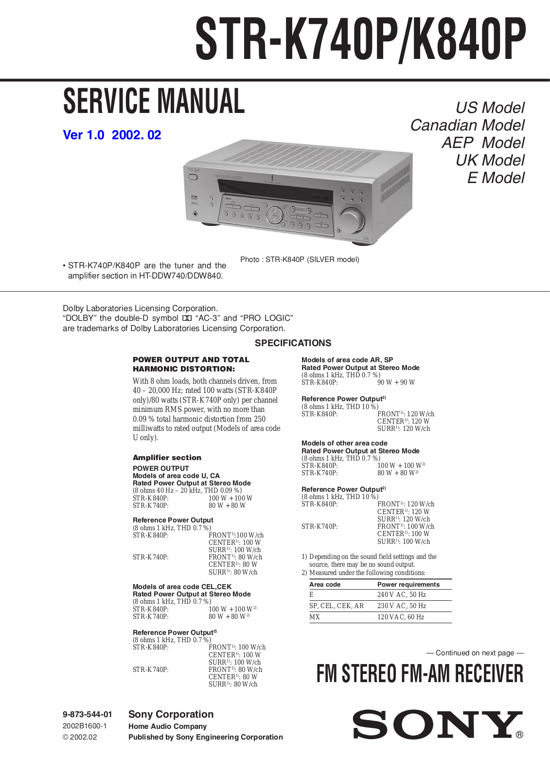 Sony STR K740, STR 840P Service Manual
