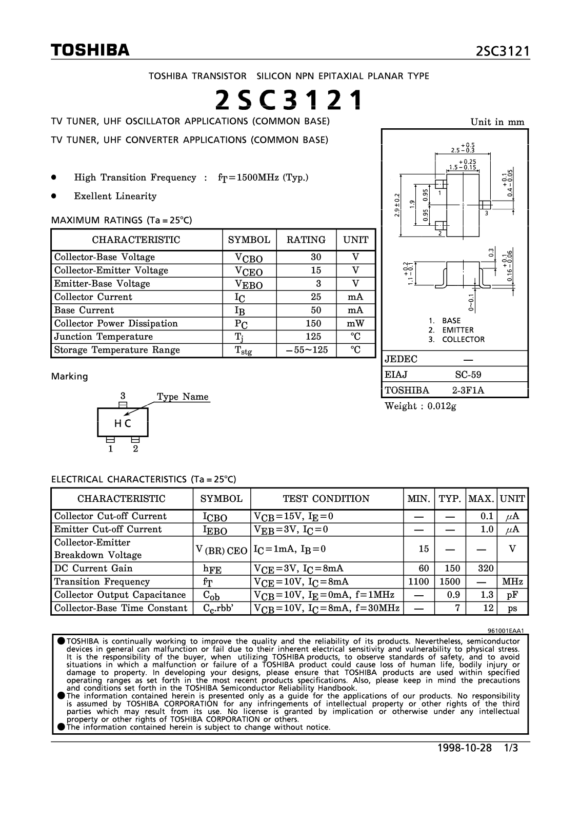 Toshiba 2SC3121 Datasheet