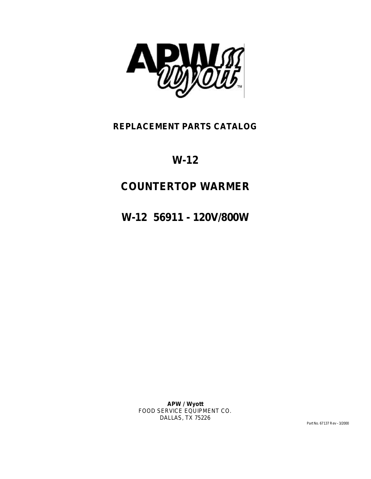 APW Wyott W-12 Parts Manual