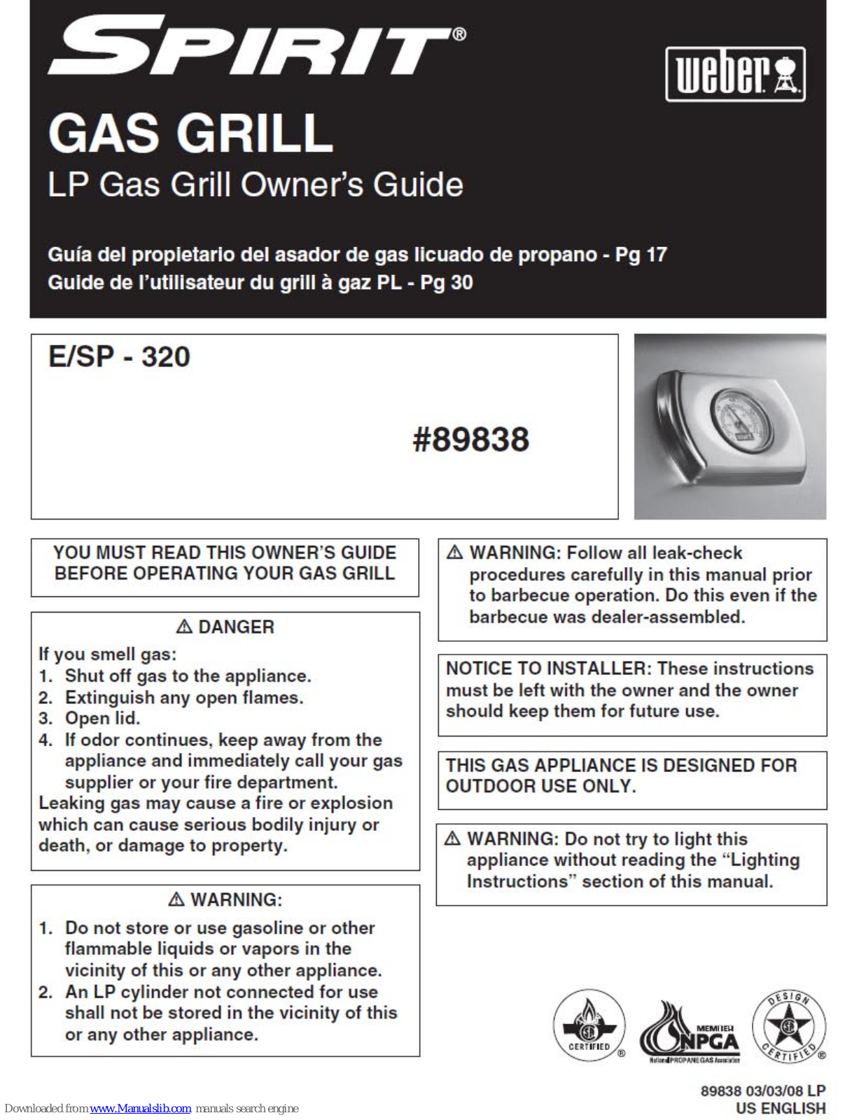 Weber Spirit SP 320 LP, Spirit E 320 LP Owner's Manual