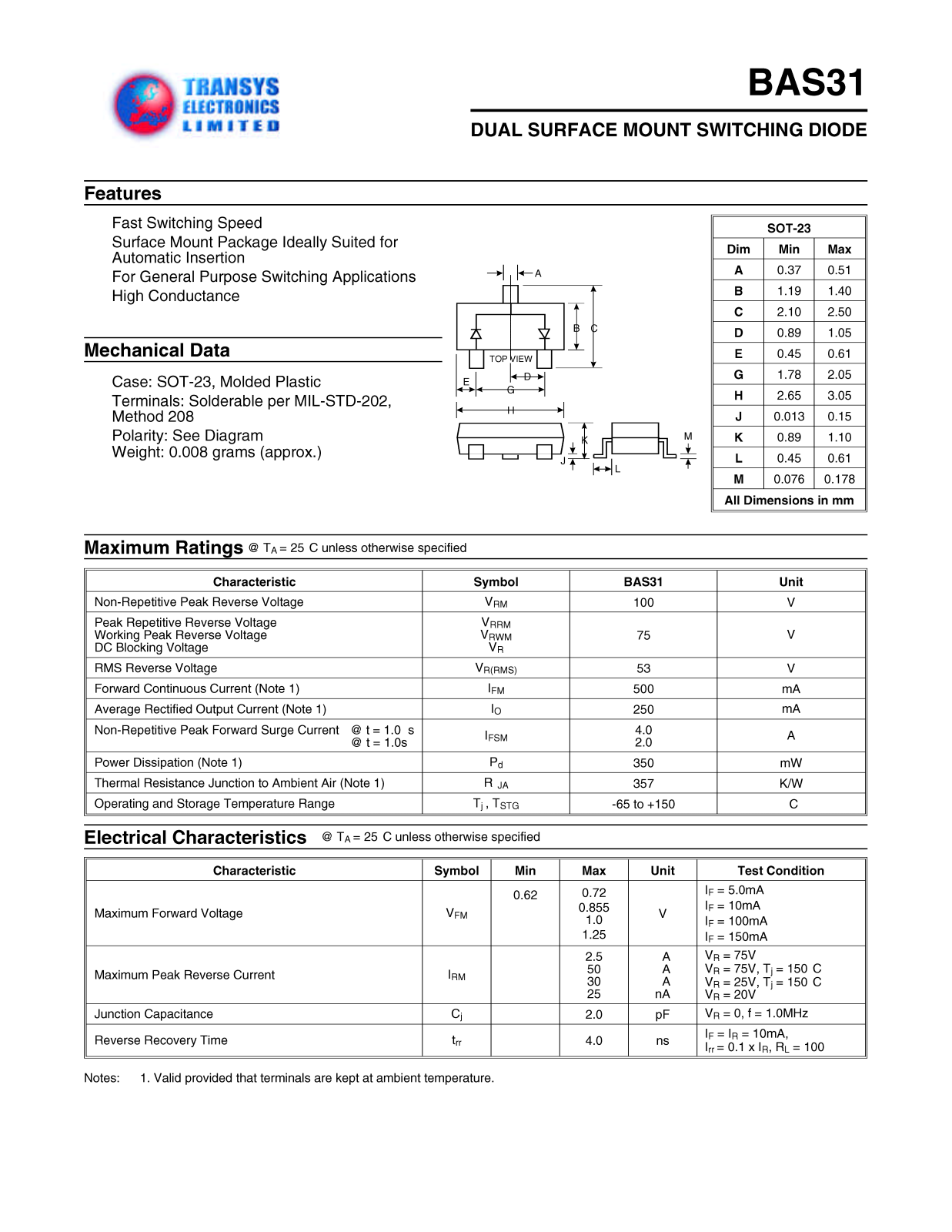 TEL BAS31, BAS31 Datasheet