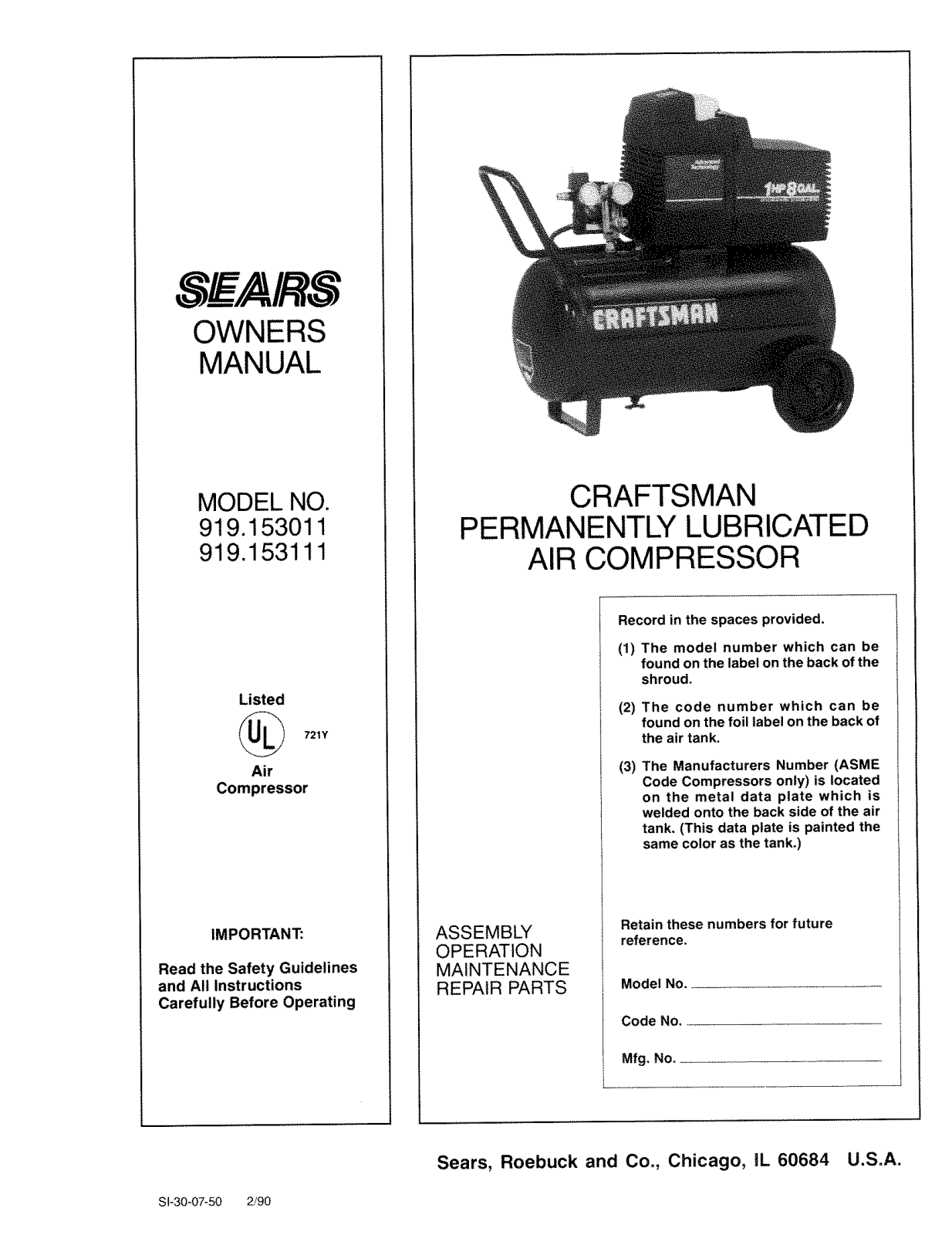 Sears 919.153111, 919.153011 User Manual