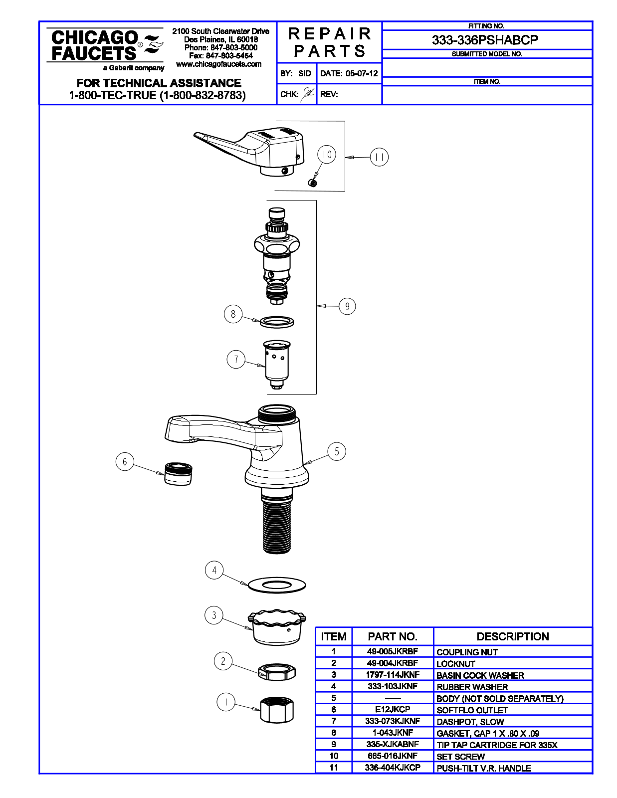 Chicago Faucet 333-336PSHABCP Parts List