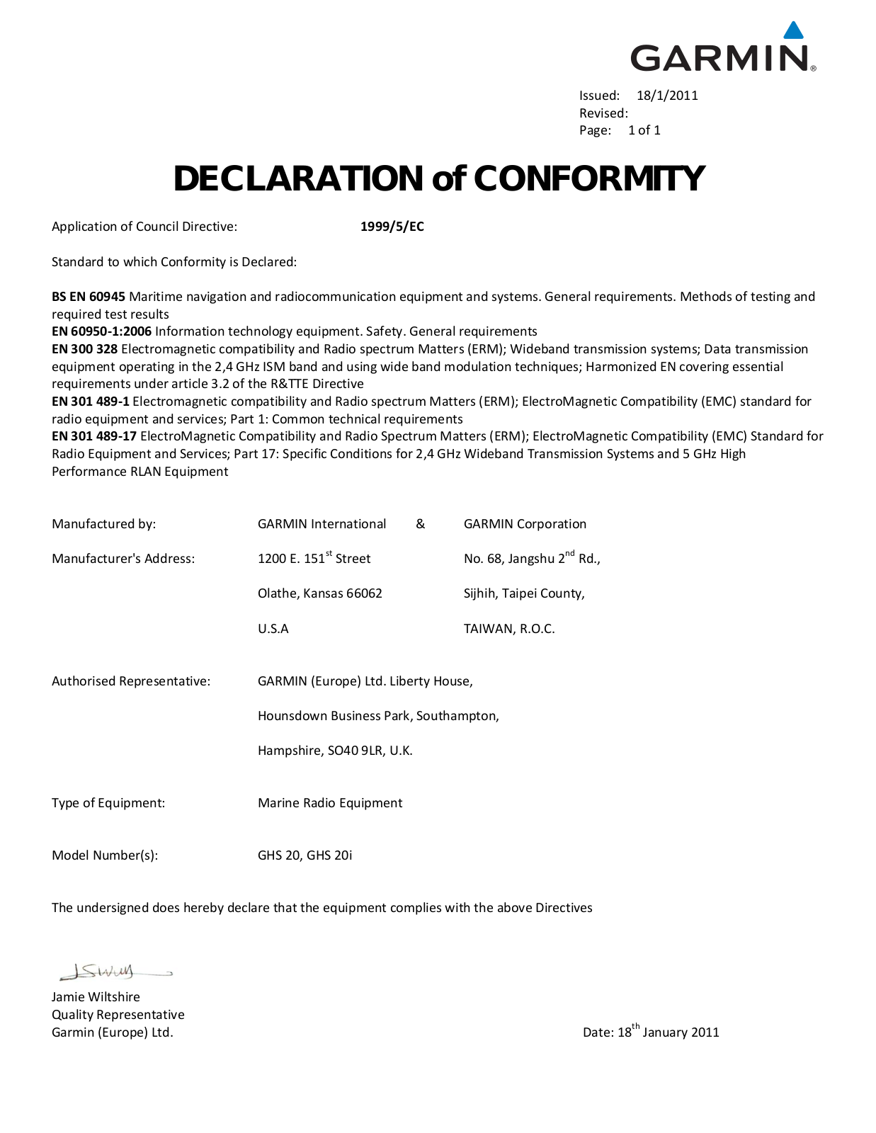 Garmin GHS 20, VHF 100, GHS 20i Declaration of Conformity